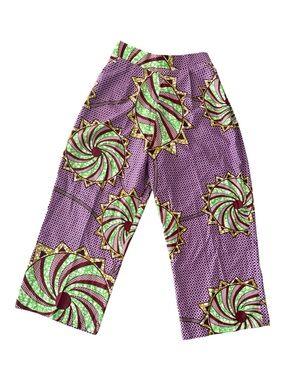 Grass-Fields African Print Wide Leg Crop Pants Purple Green Ankara Plus Size 20